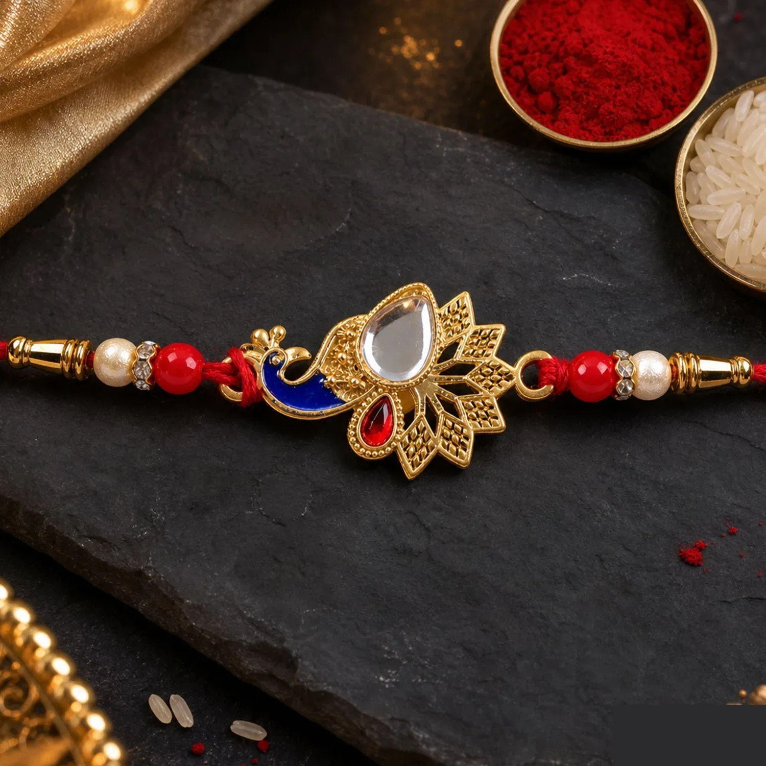 Peacock Feather Stone Studded Premium Designer Rakhi for Brother - Detailed Feature View 1