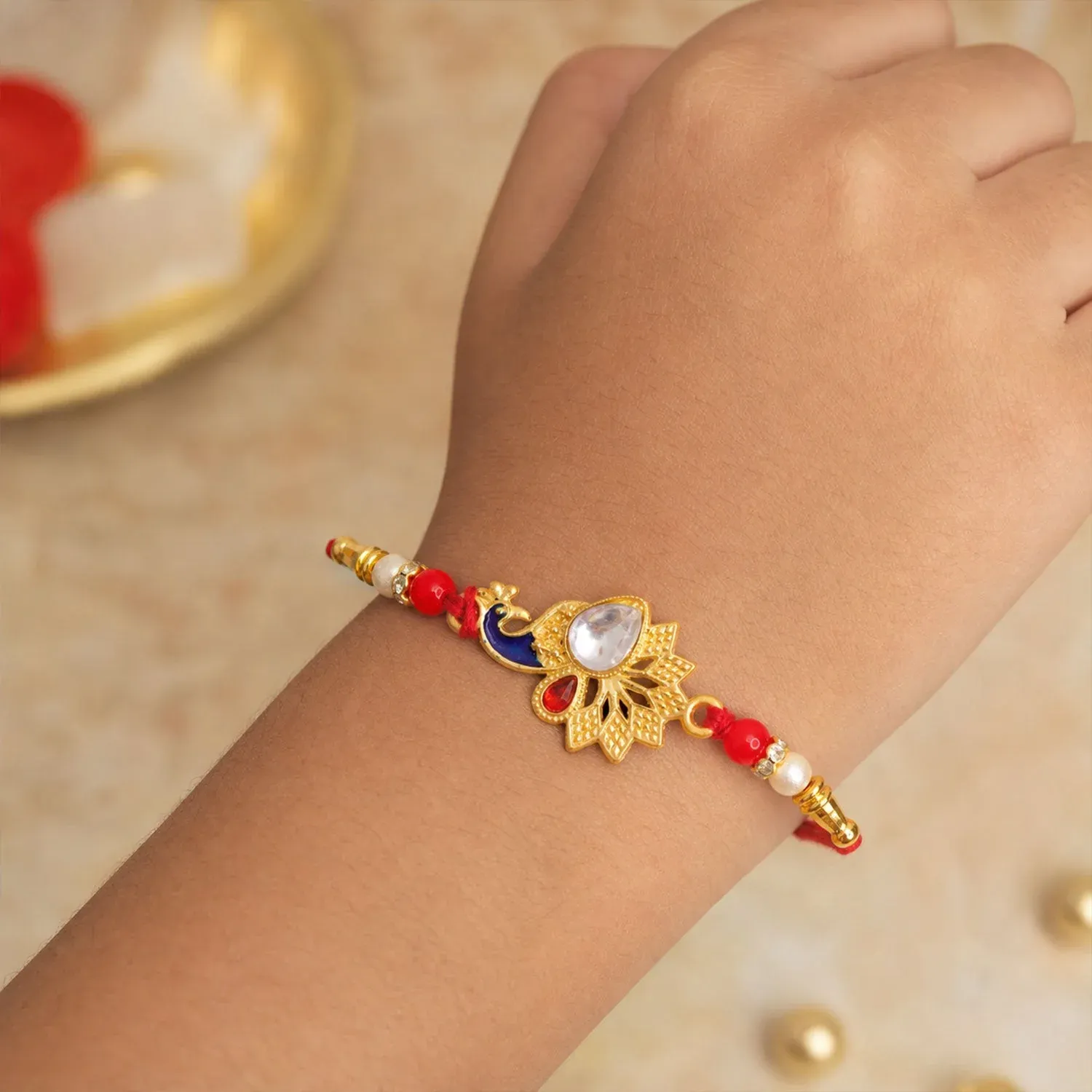 Peacock Feather Stone Studded Premium Designer Rakhi for Brother - Detailed Feature View 2
