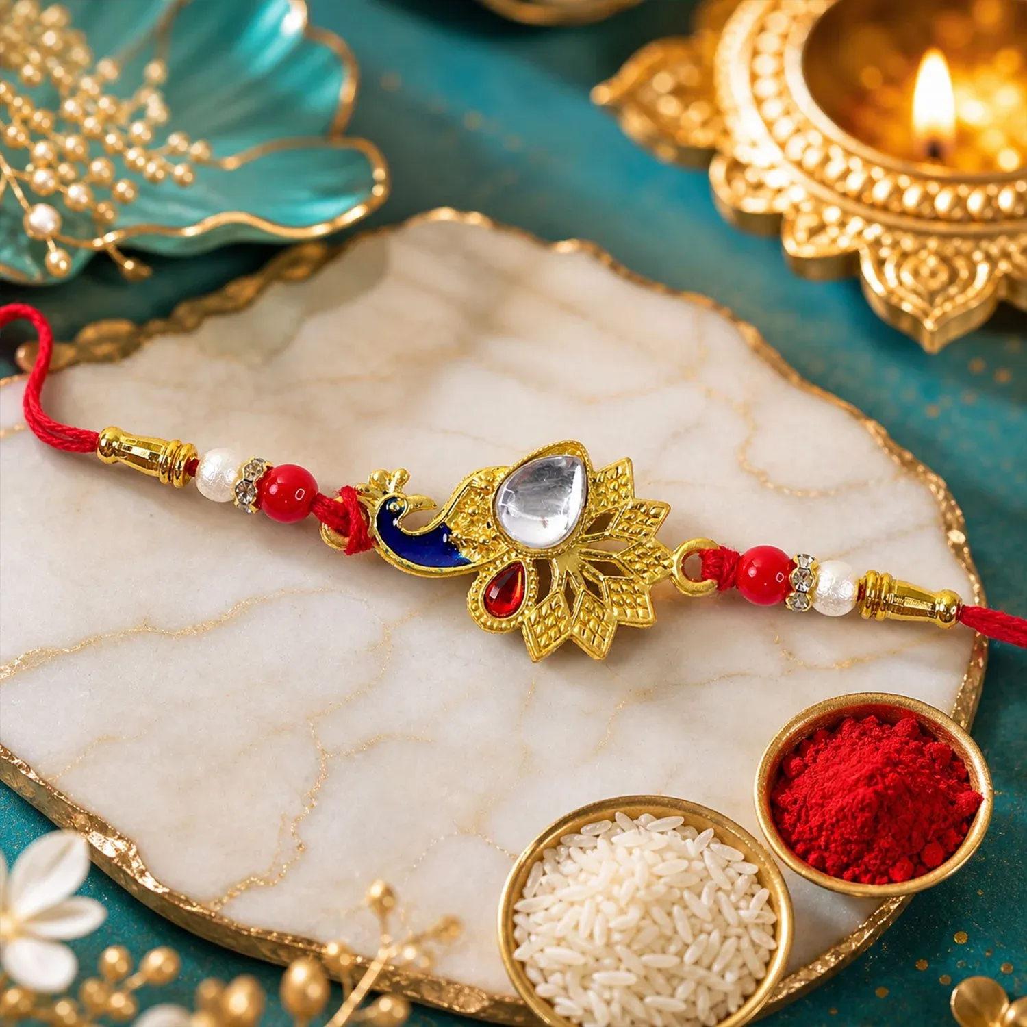 Peacock Feather Stone Studded Premium Designer Rakhi for Brother - Detailed Feature View 3