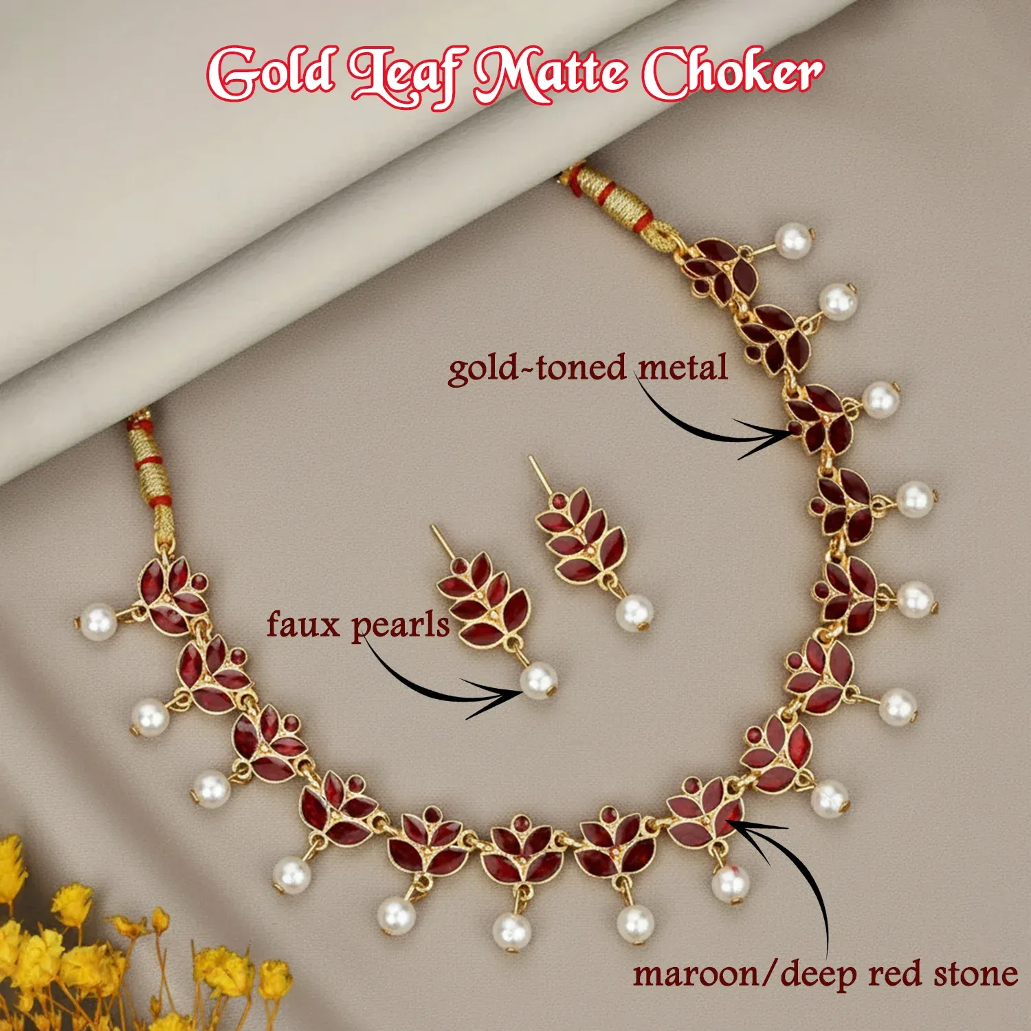 Gold-Tone Matte Leaf Motif Choker with Faux Pearls – Elegant Design - Detailed Feature View 3