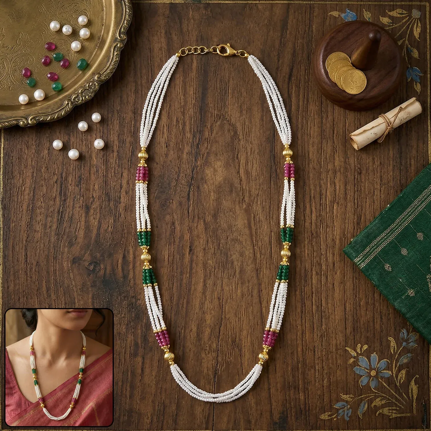 Premium Traditional Mala Necklace – Elegant Multi-Colored Beads with Gold Accents - Buy Online at Alikart