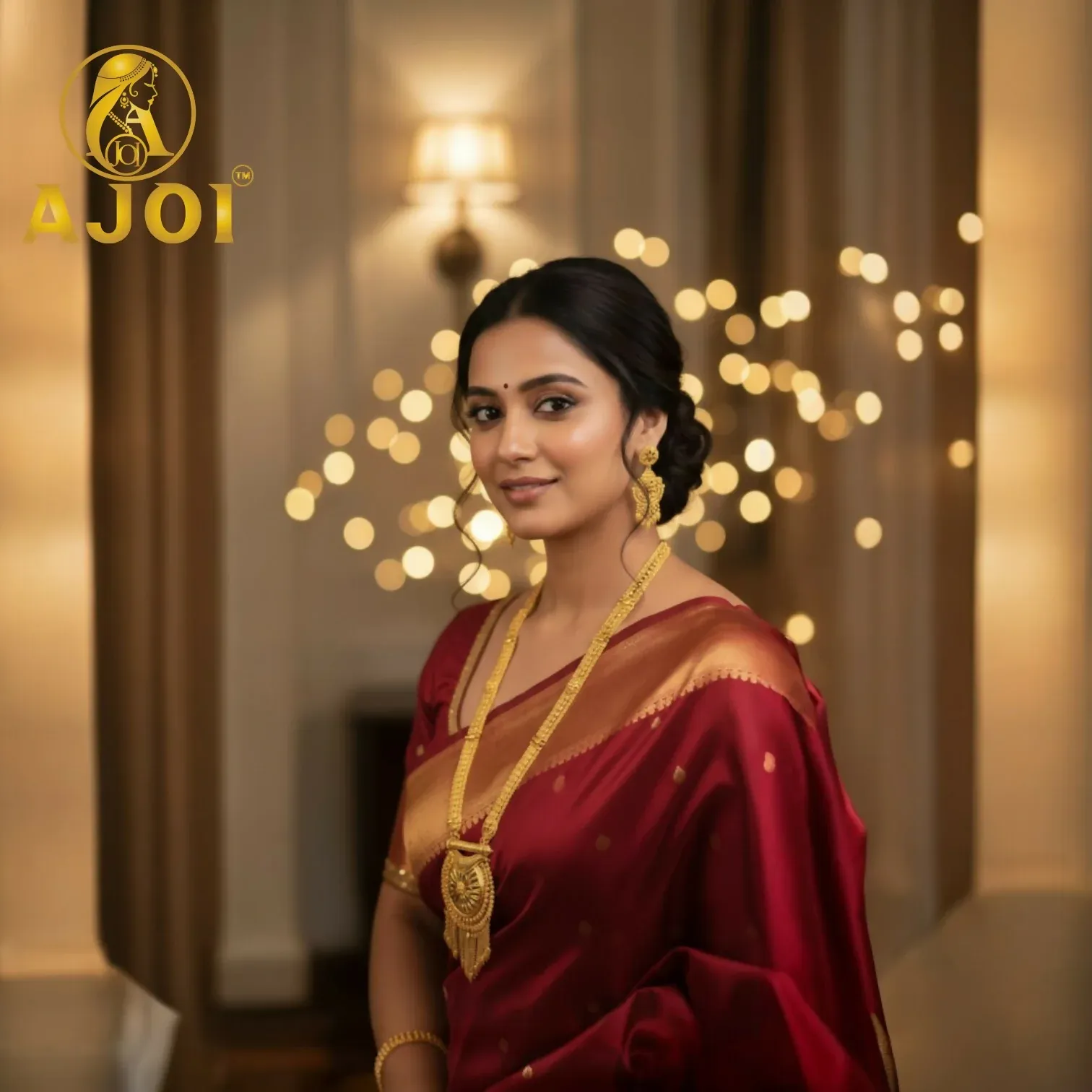 Royal Bloom Radiance Gold Tone Long Necklace Set – Elegant Festive Jewelry - Detailed Feature View 1