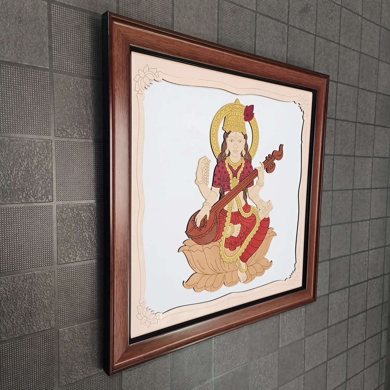 Goddess Saraswati Wooden Framed Wall Art – Handcrafted Spiritual Decor - Detailed Feature View 5