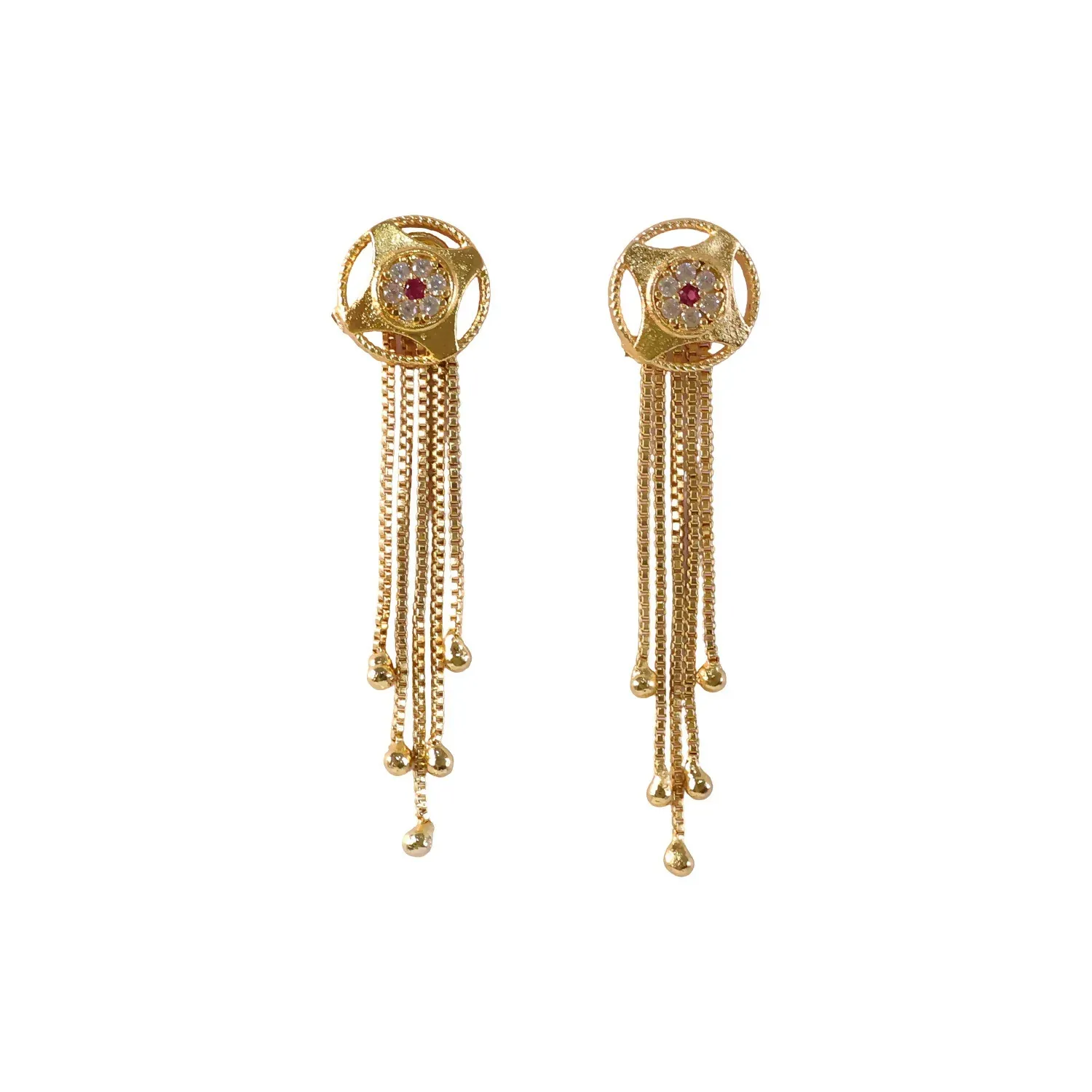 Gold Circular Dangle Earrings – Ruby Gemstone Tassels - Detailed Feature View 4