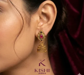 Antique Gold-Plated Matte South Indian Temple Jhumka Earrings with Ruby Leaf Stud