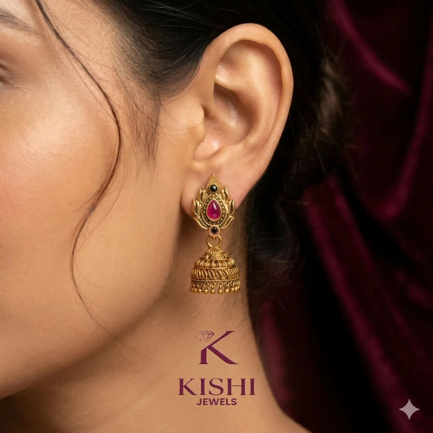 Premium Antique Gold-Plated Matte South Indian Temple Jhumka Earrings with Ruby Leaf Stud - Buy Online at Alikart