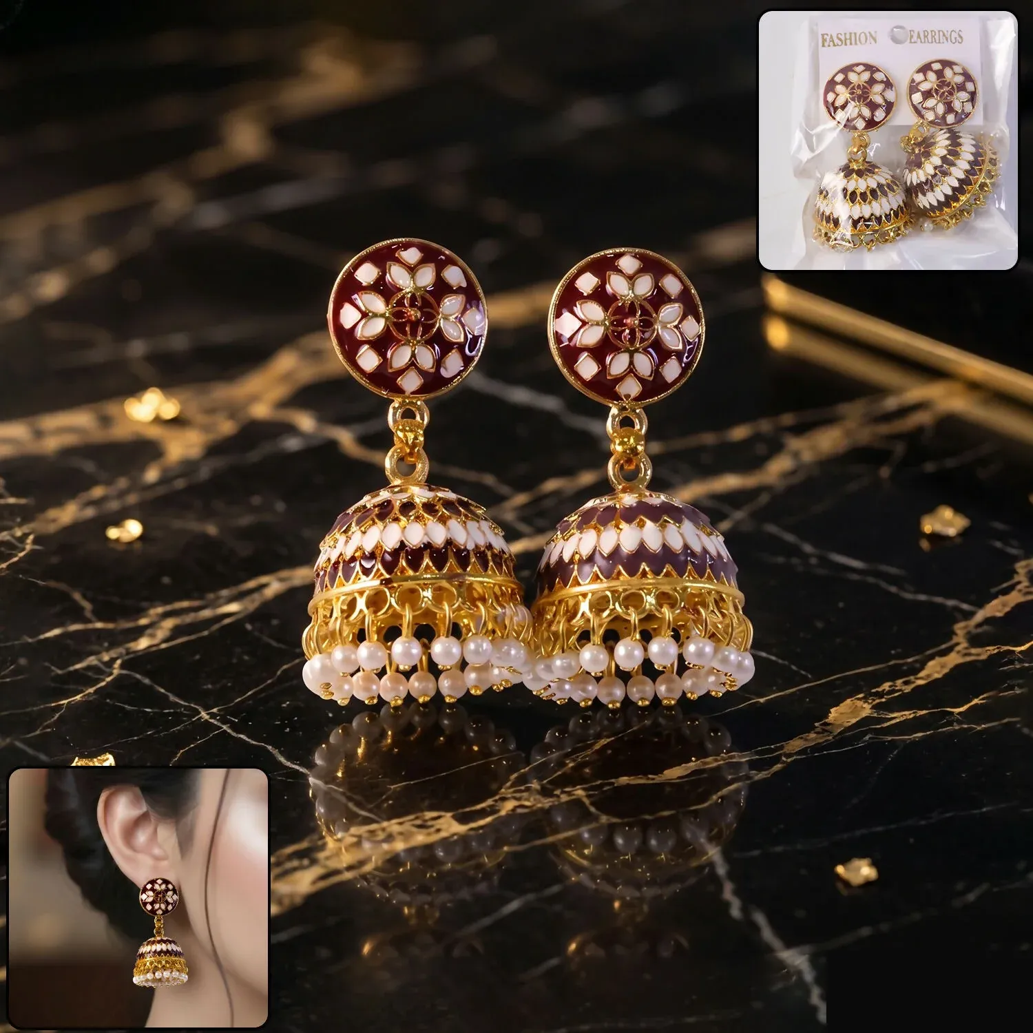 Premium Jhumka Earrings – Elegant Maroon with Pearl Beads for Festive Wear - Buy Online at Alikart