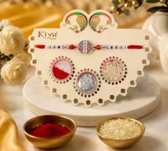 Round Red Green Enamel Rakhi with Multicolor Beads, Roli Chawal Coin and Card Packing