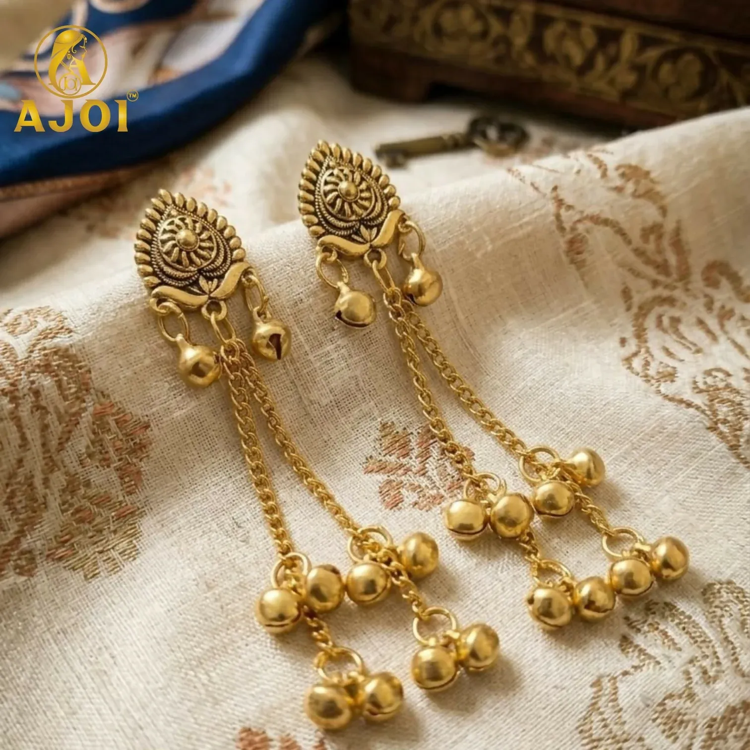 Traditional Antique Gold Chain Drop Earrings – Elegant Festive Jewelry - Detailed Feature View 2