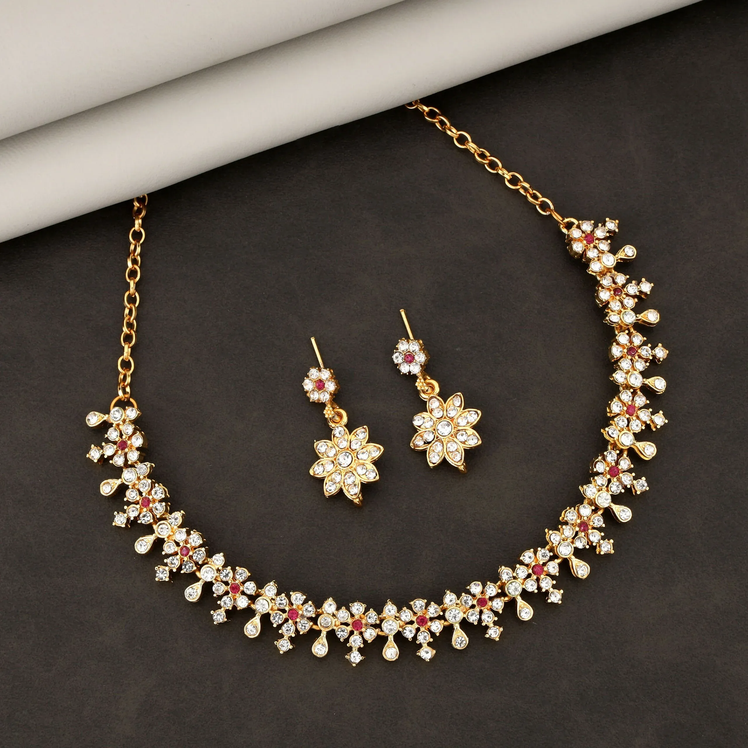 Premium Floral Choker Necklace Set – Elegant Diamond-Look Accent Stones - Buy Online at Alikart
