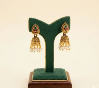 Gold Plated Peacock Leaf Design Pearl Drop Jhumka Earrings