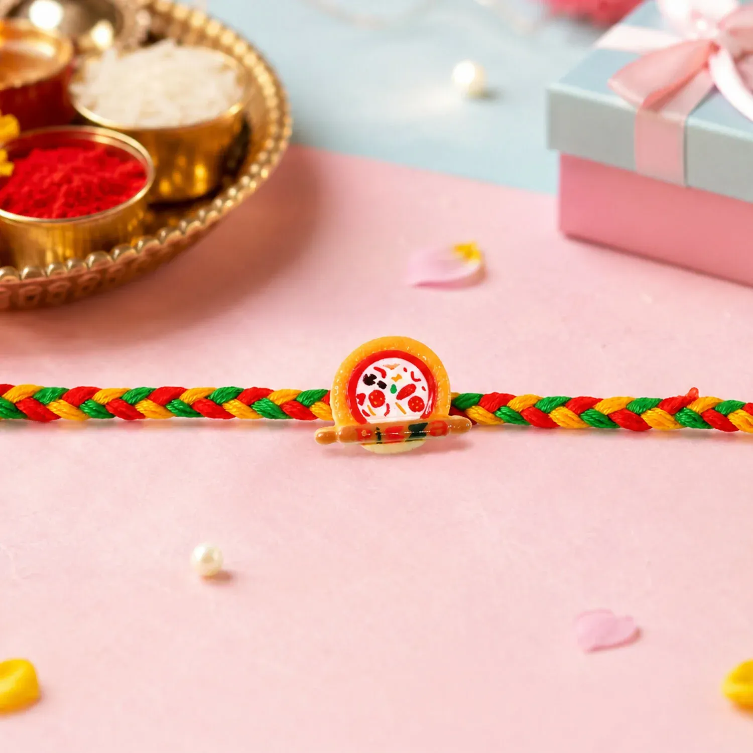 Kids Rakhi – Fun Multicolor Thread with Pizza Charm for Brother - Detailed Feature View 2