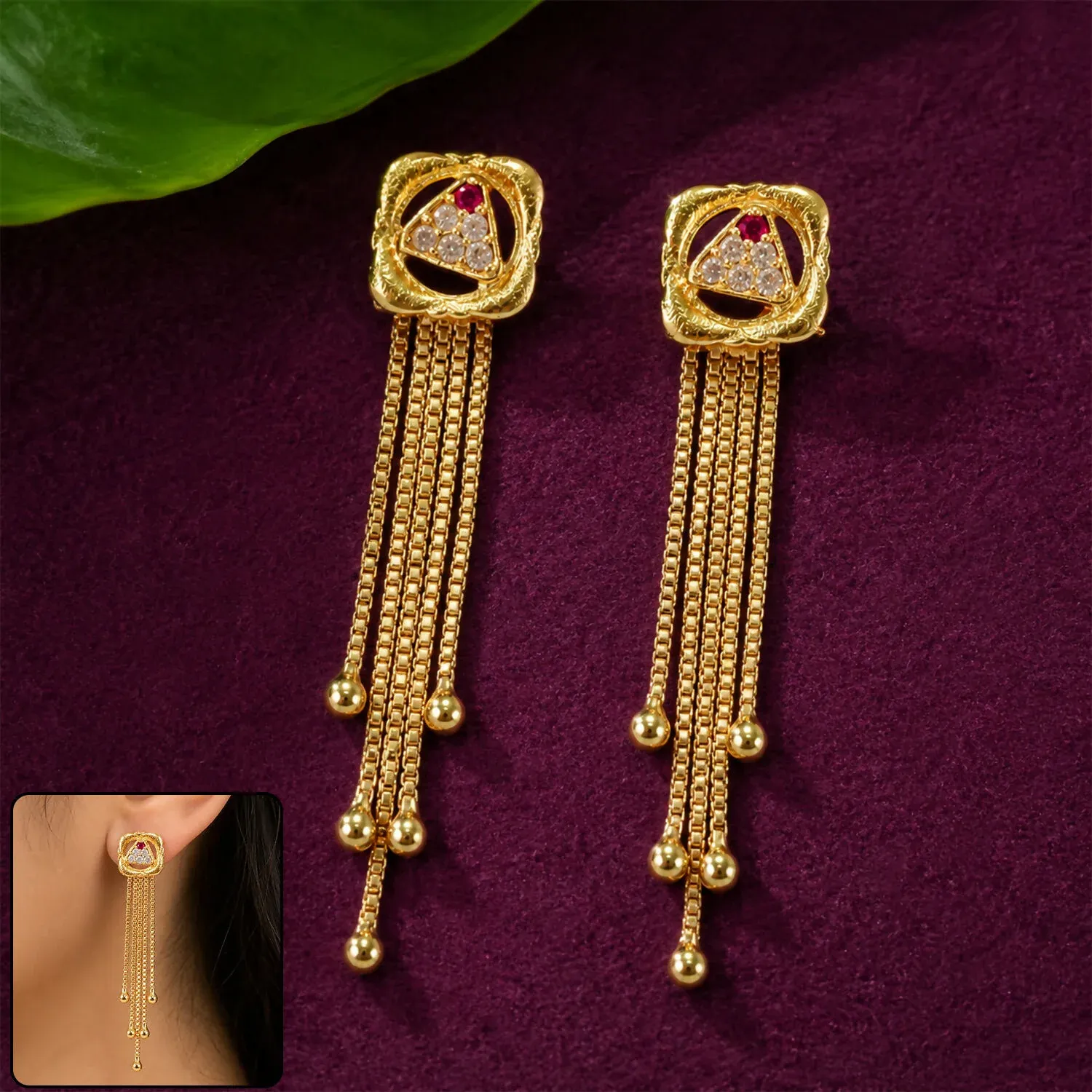 Premium Gold Square Medallion Dangle Earrings, Multi-Strand Chain Tassels &... - Buy Online at Alikart