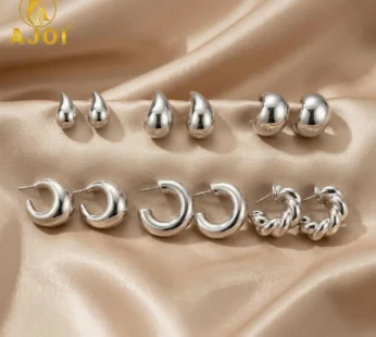 Premium Silver-Tone Stud & Hoop Earrings Set of 6 for Women Daily Wear Jewelry Style