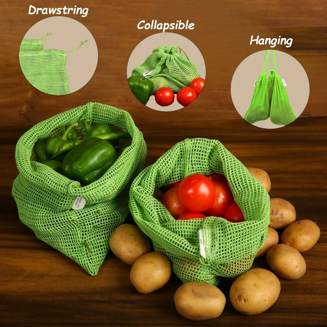 Premium Vegetable Storage Bag Set – 3 Sizes with Drawstring Closure - Buy Online at Alikart