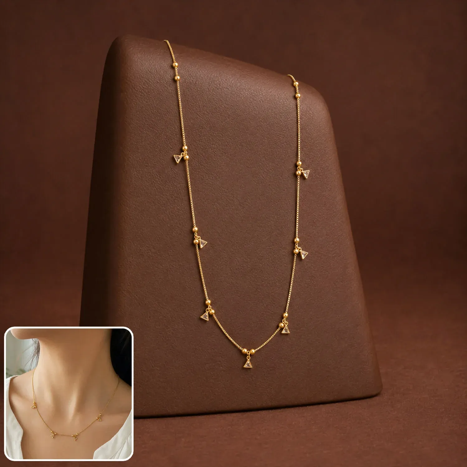 Premium Gold-Plated Triangle CZ Necklace – Dainty Bead Chain for Women - Buy Online at Alikart