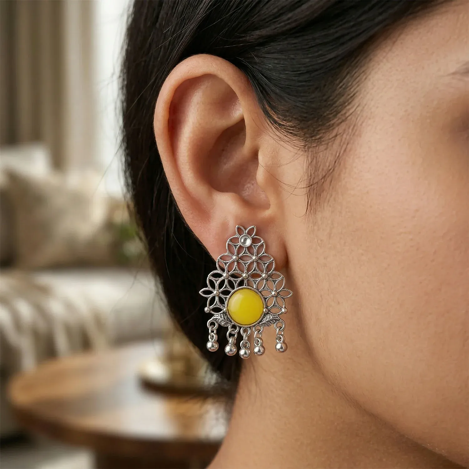 Oxidized Silver Filigree Earrings – Traditional & Vibrant Style - Detailed Feature View 1