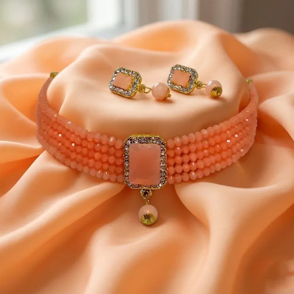 Premium Elegant Peach Beaded Choker Jewelry Set with Matching Rectangular Crystal Earrings - Buy Online at Alikart