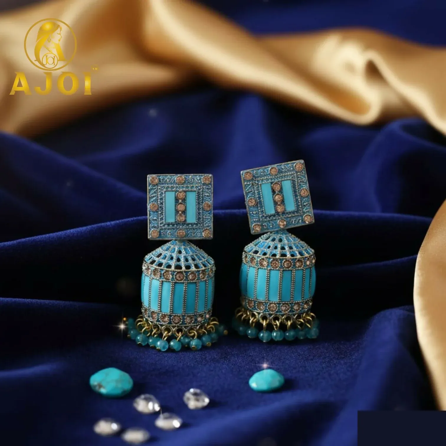 Premium Turquoise Blue Designer Earrings – Elegant Gold Drop & Stone Accents - Buy Online at Alikart