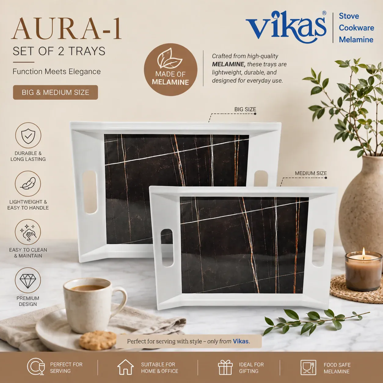 Premium Melamine Serving Tray Set – Durable & Elegant for Home & Office - Buy Online at Alikart