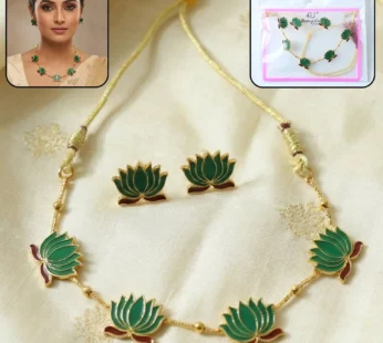 Green Lotus Necklace with Adjustable Thread & Stud Earrings Set