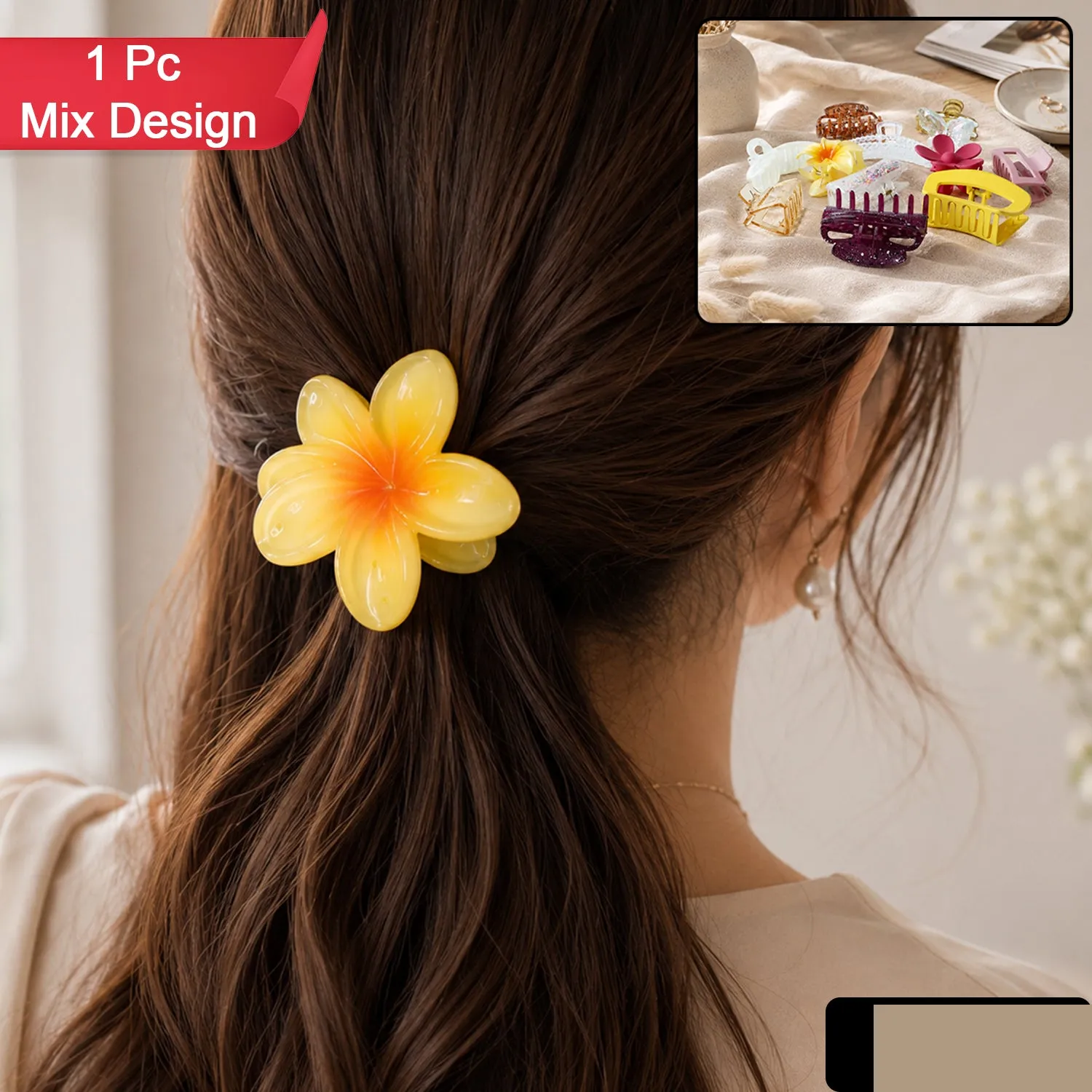 Plastic Stylish Flower Hair Clip Claw Clutcher Mix Design (1 Pc) - Detailed Feature View 1