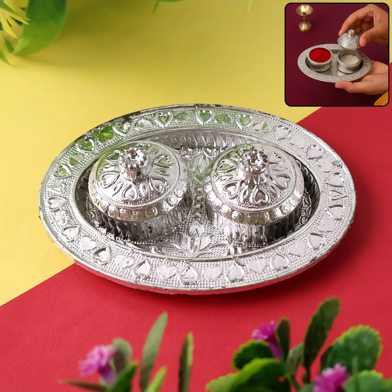 Premium Oval Puja Thali with Kumkum Holders – Traditional & Durable Design - Buy Online at Alikart