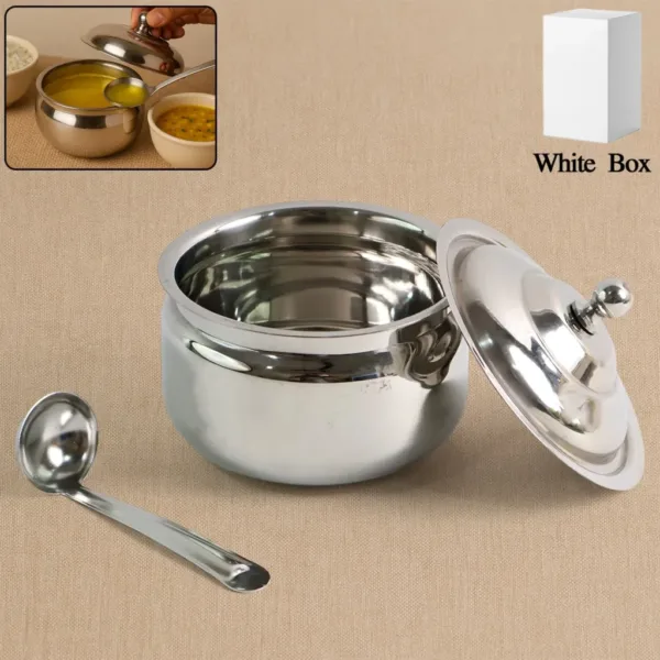 Stainless Steel Ghee Pot with Lid & Spoon – Mirror Finish