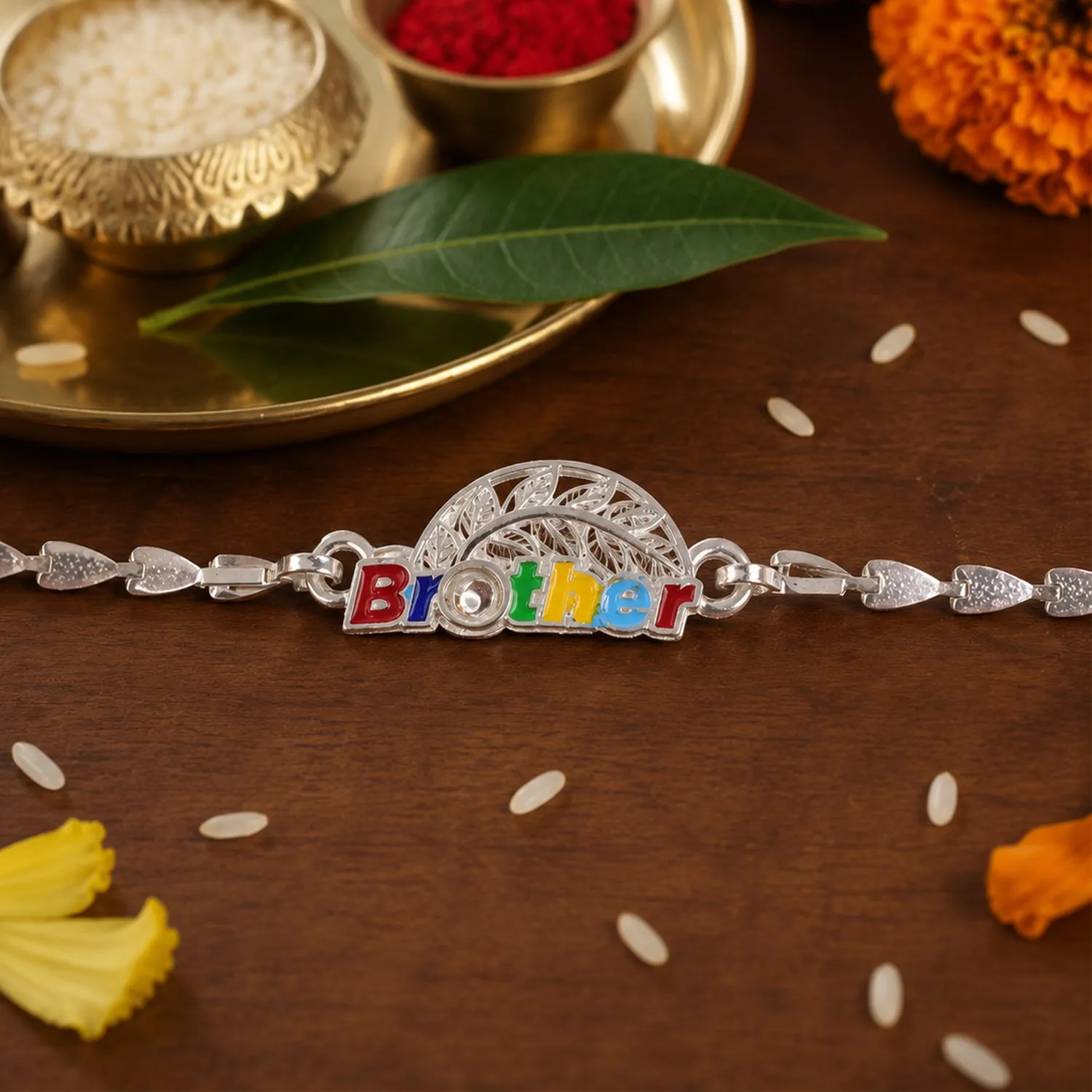 Premium Brother Enamel Filigree Leaf Motif Silver Chain Designer Rakhi - Buy Online at Alikart