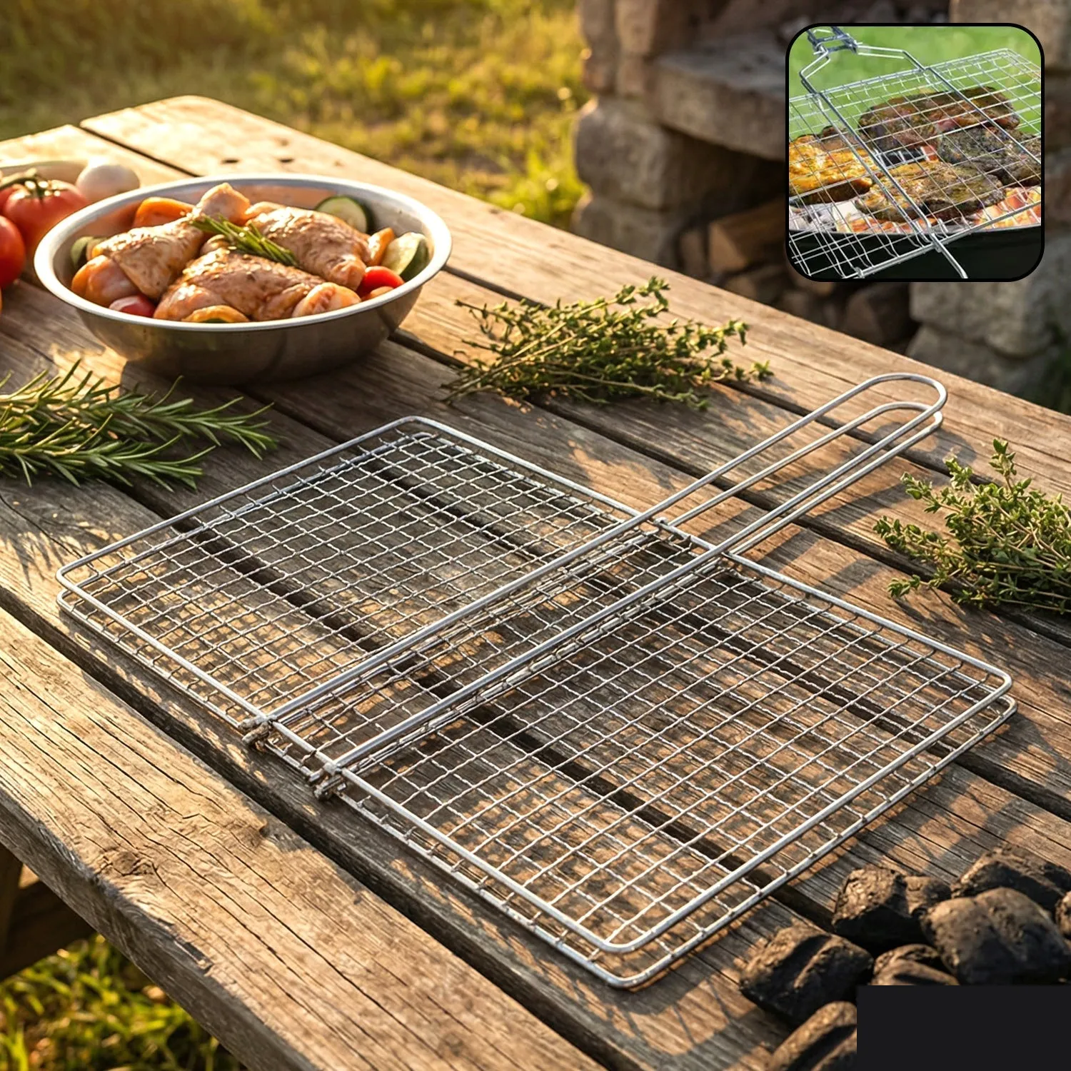 Heavy-Duty Stainless Steel BBQ Grill Basket – Long Handle & Durable Construction - Detailed Feature View 1