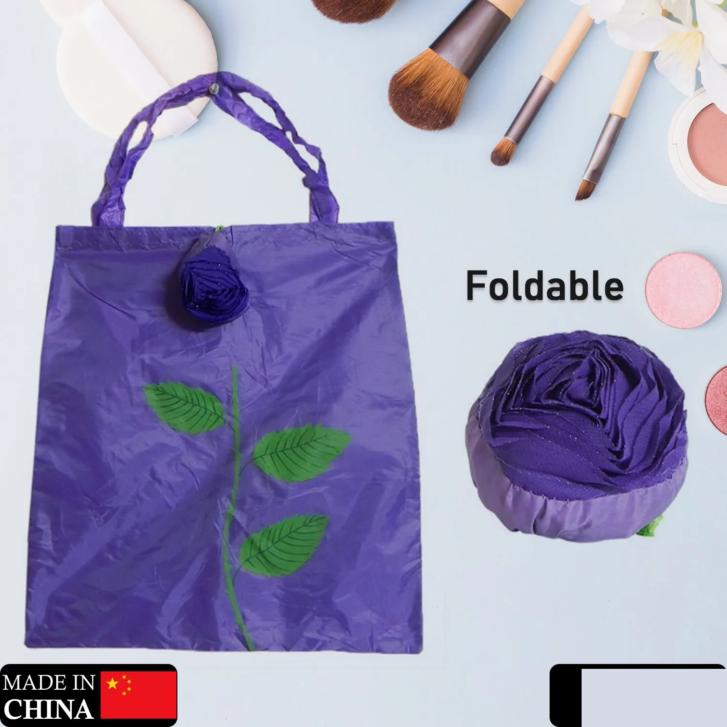 Foldable Shopping Bag – Rose Design Reusable Eco Tote | Organivo - Detailed Feature View 1