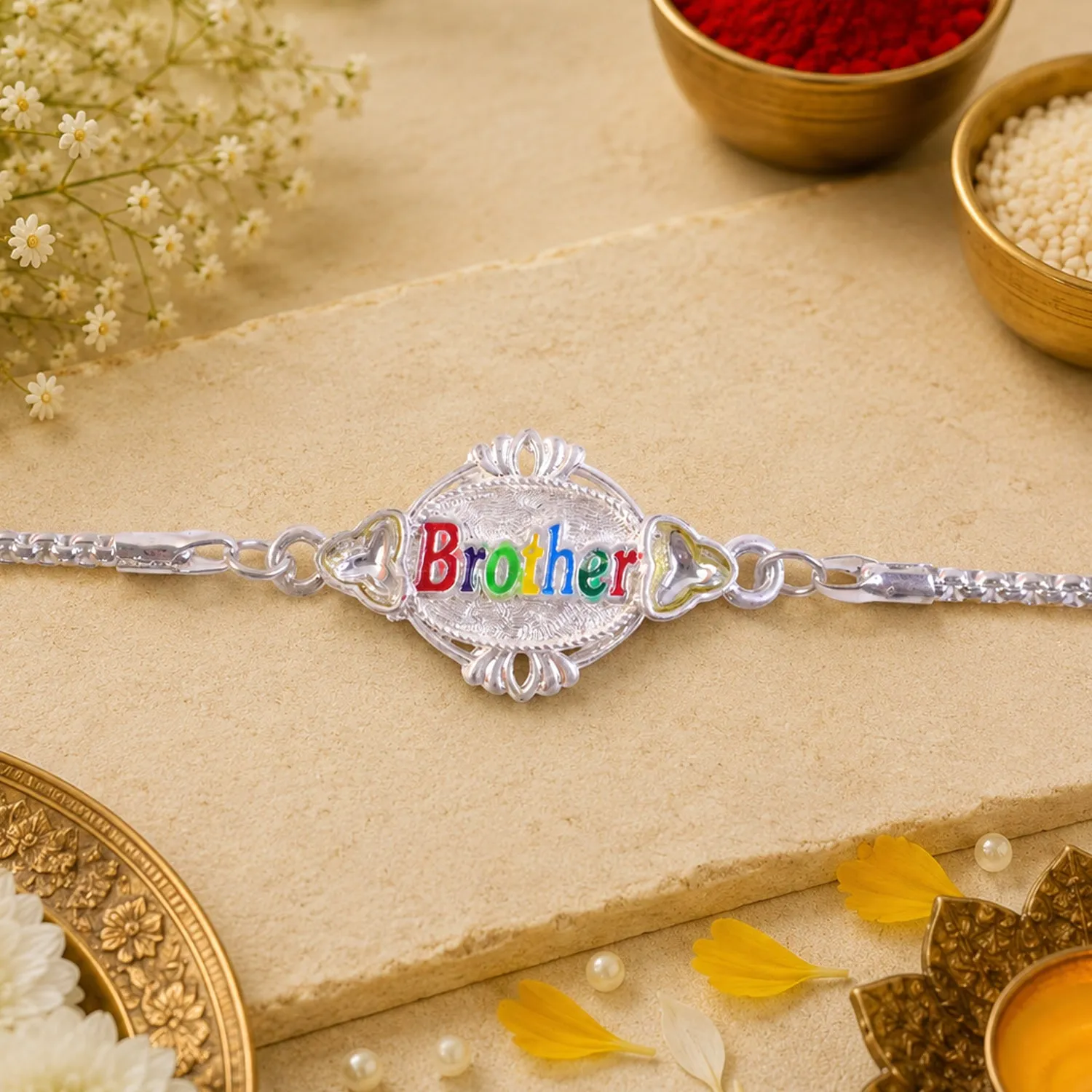 Premium Brother Name Multicolor Enamel Silver Chain Designer Rakhi - Buy Online at Alikart