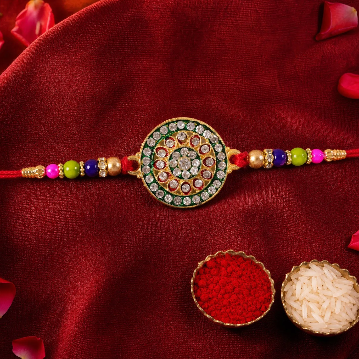 Royal Designer Rakhi – Kundan Centerpiece with Golden Beads - Detailed Feature View 3