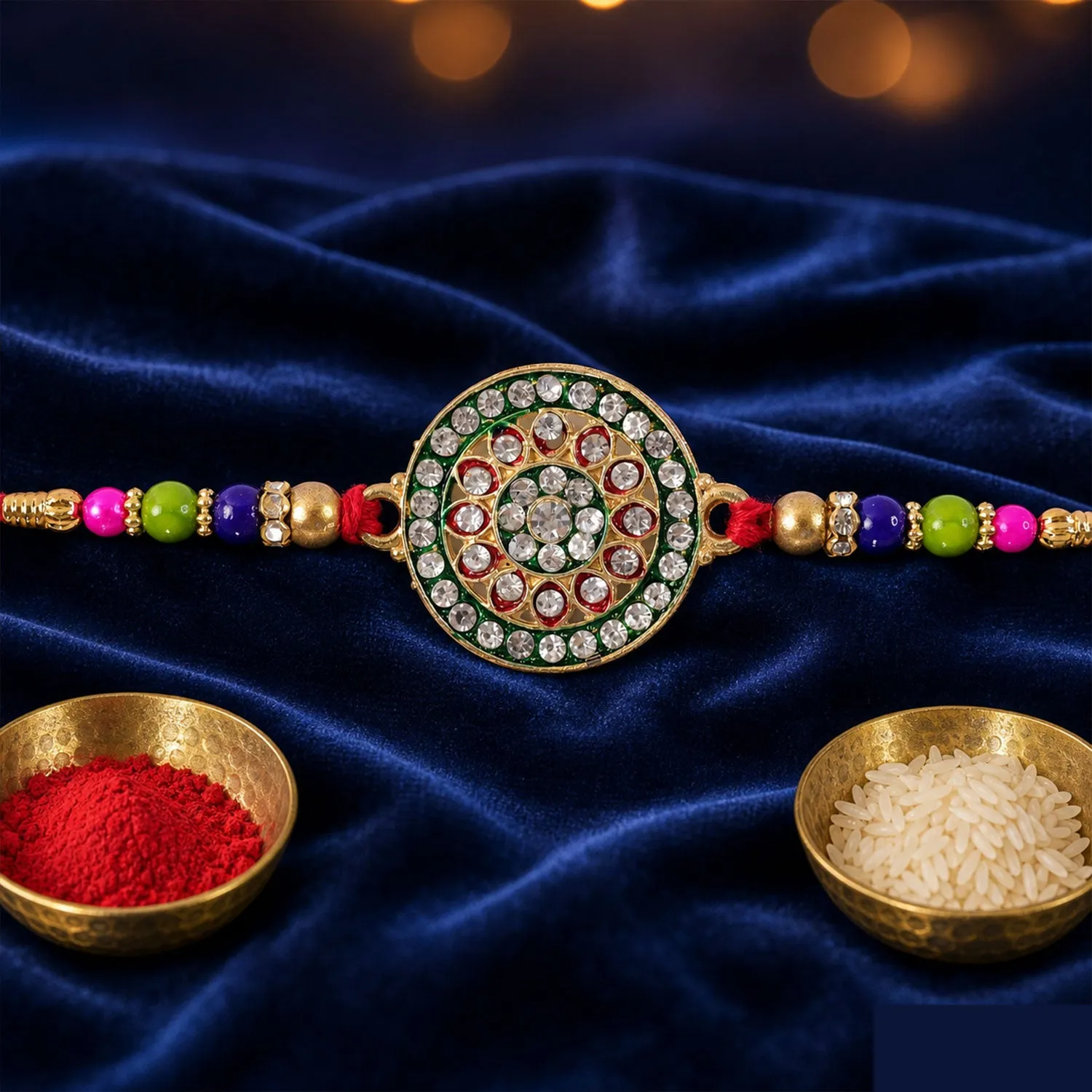 Royal Designer Rakhi – Kundan Centerpiece with Golden Beads - Detailed Feature View 2