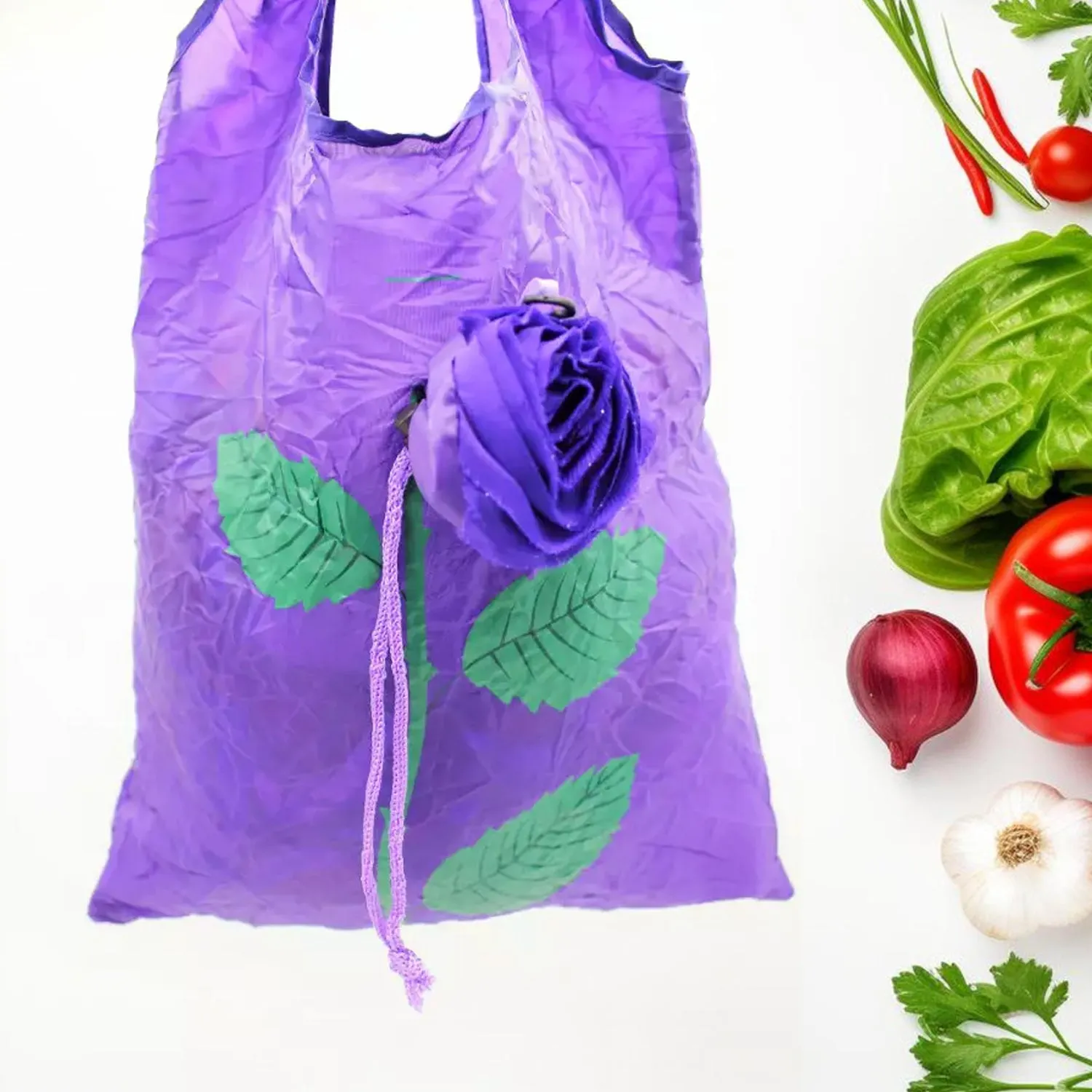 Foldable Shopping Bag – Rose Design Reusable Eco Tote | Organivo - Detailed Feature View 2