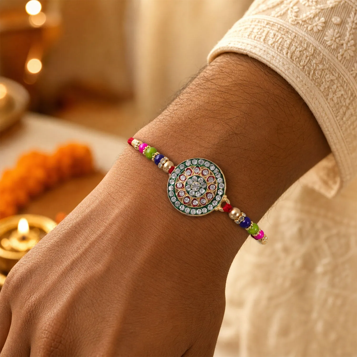 Royal Designer Rakhi – Kundan Centerpiece with Golden Beads - Detailed Feature View 1