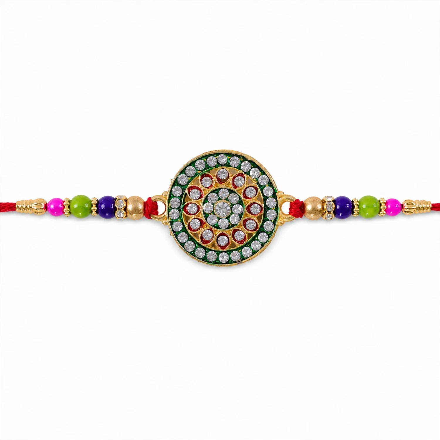 Royal Designer Rakhi – Kundan Centerpiece with Golden Beads - Detailed Feature View 4