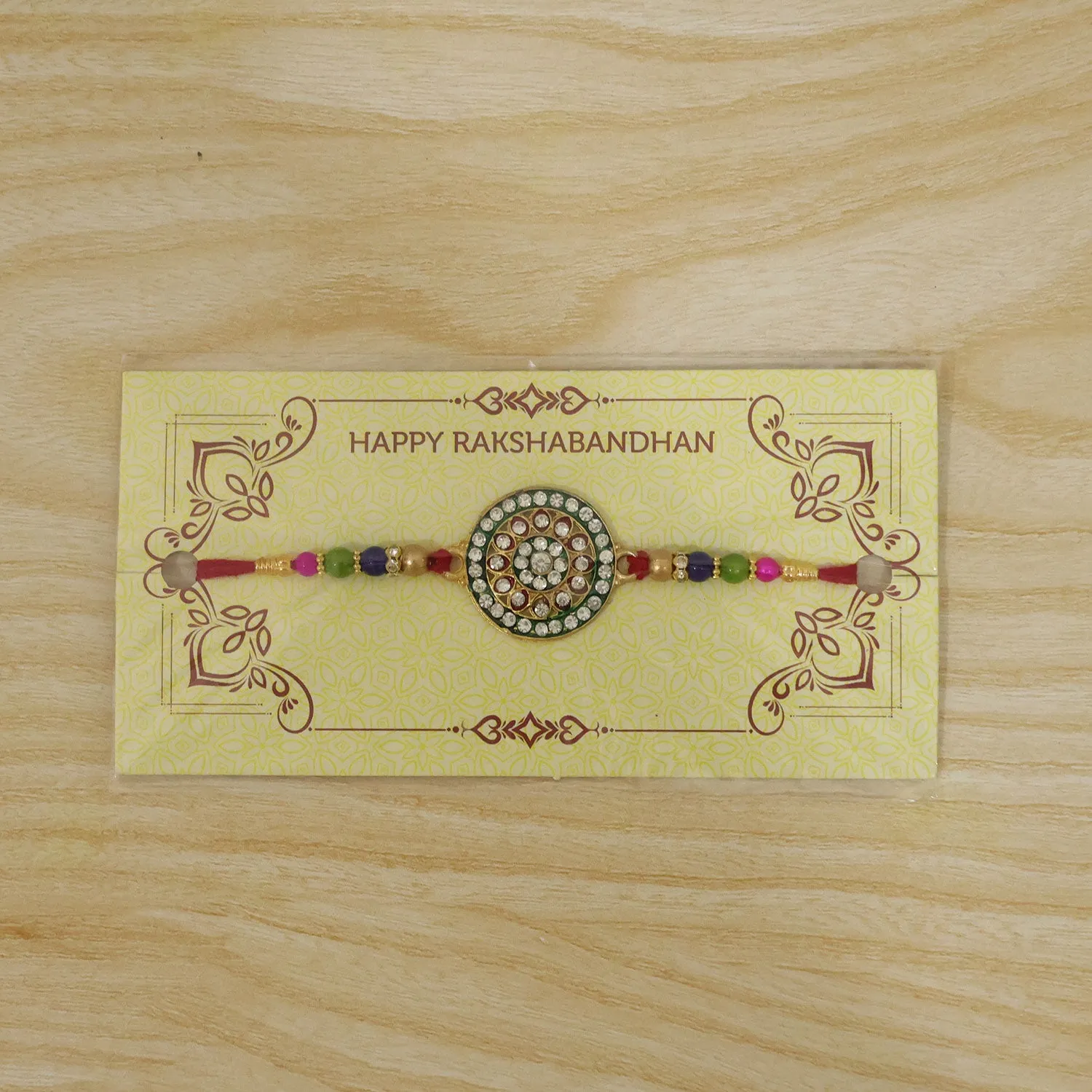 Royal Designer Rakhi – Kundan Centerpiece with Golden Beads - Detailed Feature View 5