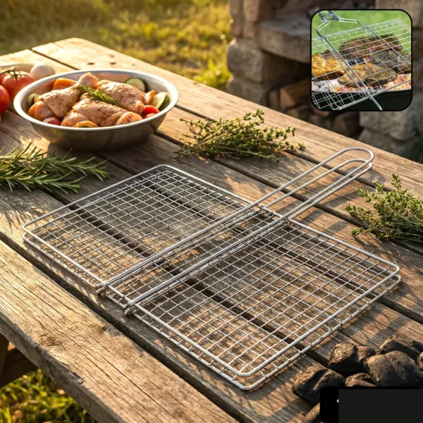 Heavy-Duty Stainless Steel BBQ Grill Basket – Long Handle & Durable Construction