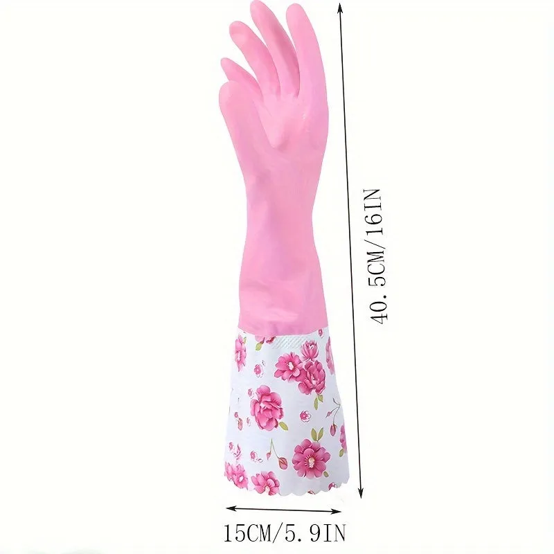 Long Waterproof Rubber Gloves for Kitchen & Dishwashing – Durable, PVC-Free Cleaning Gloves with Warm Fleece Lining(Random color-Pack of 1 Pair) - Detailed Feature View 4