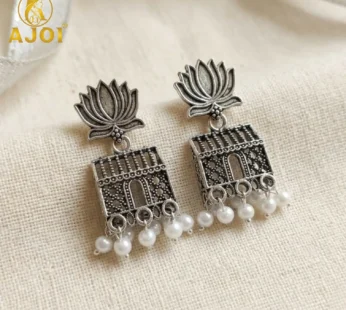 Oxidised Silver Lotus Pearl Earrings – Elegant Handcrafted Jewelry