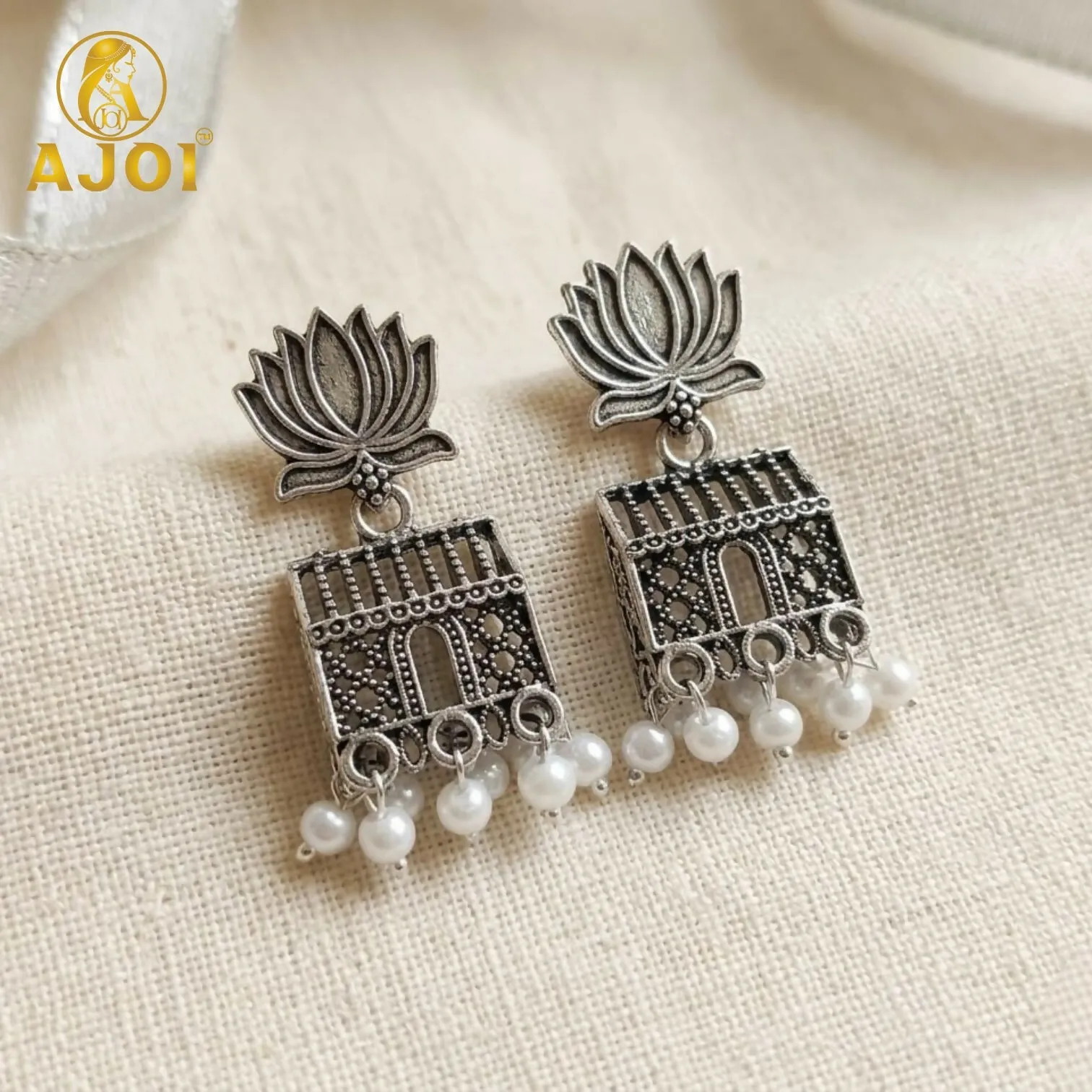 Premium Oxidised Silver Lotus Pearl Earrings – Elegant Handcrafted Jewelry - Buy Online at Alikart