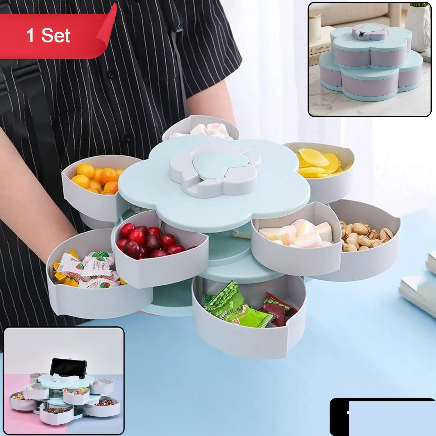 Rotating Candy Dish Flower Shape Multi Section Snack Box with Phone Holder (1 Set) - Detailed Feature View 1