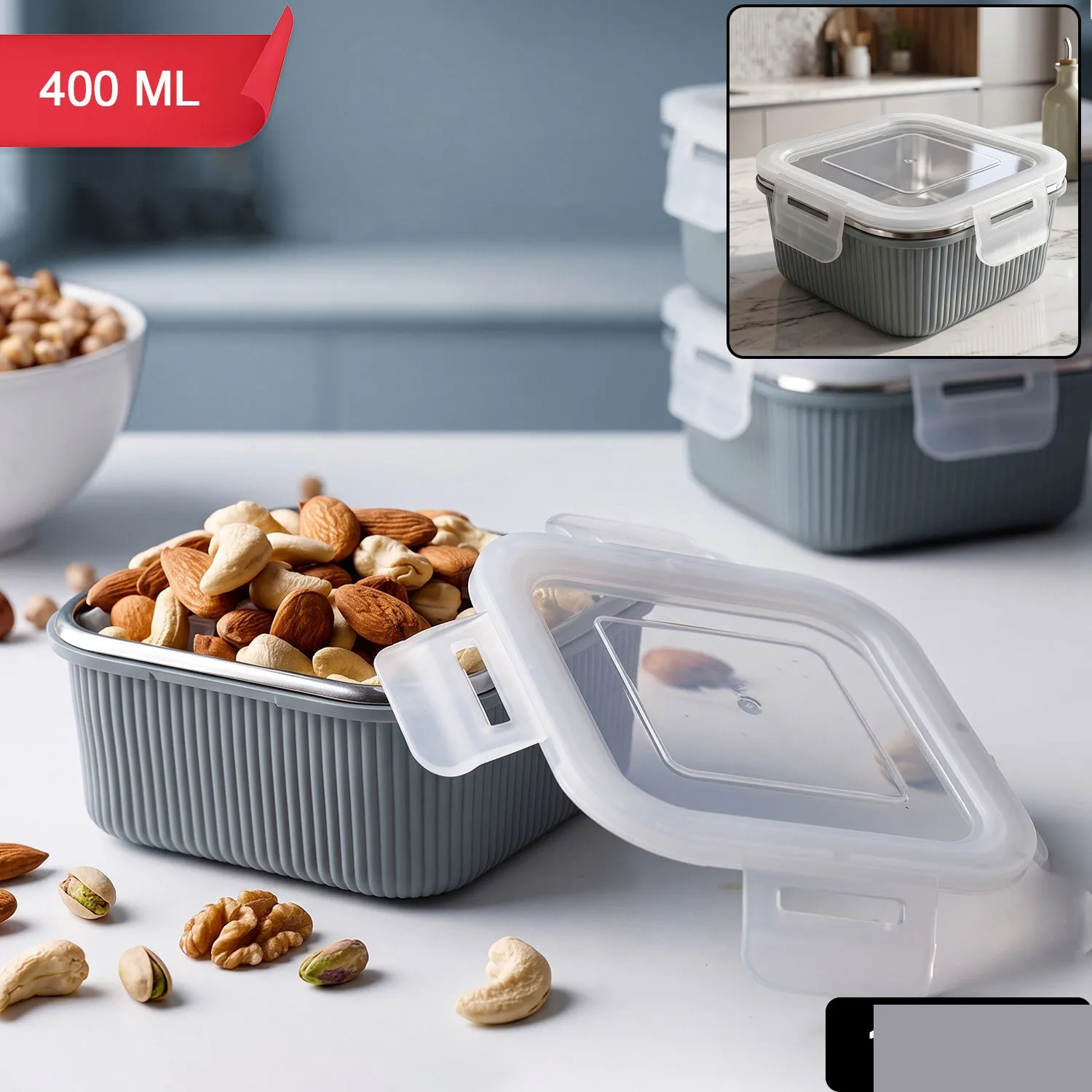 Square Stainless Steel Food Storage Container – 400ml Airtight - Detailed Feature View 1