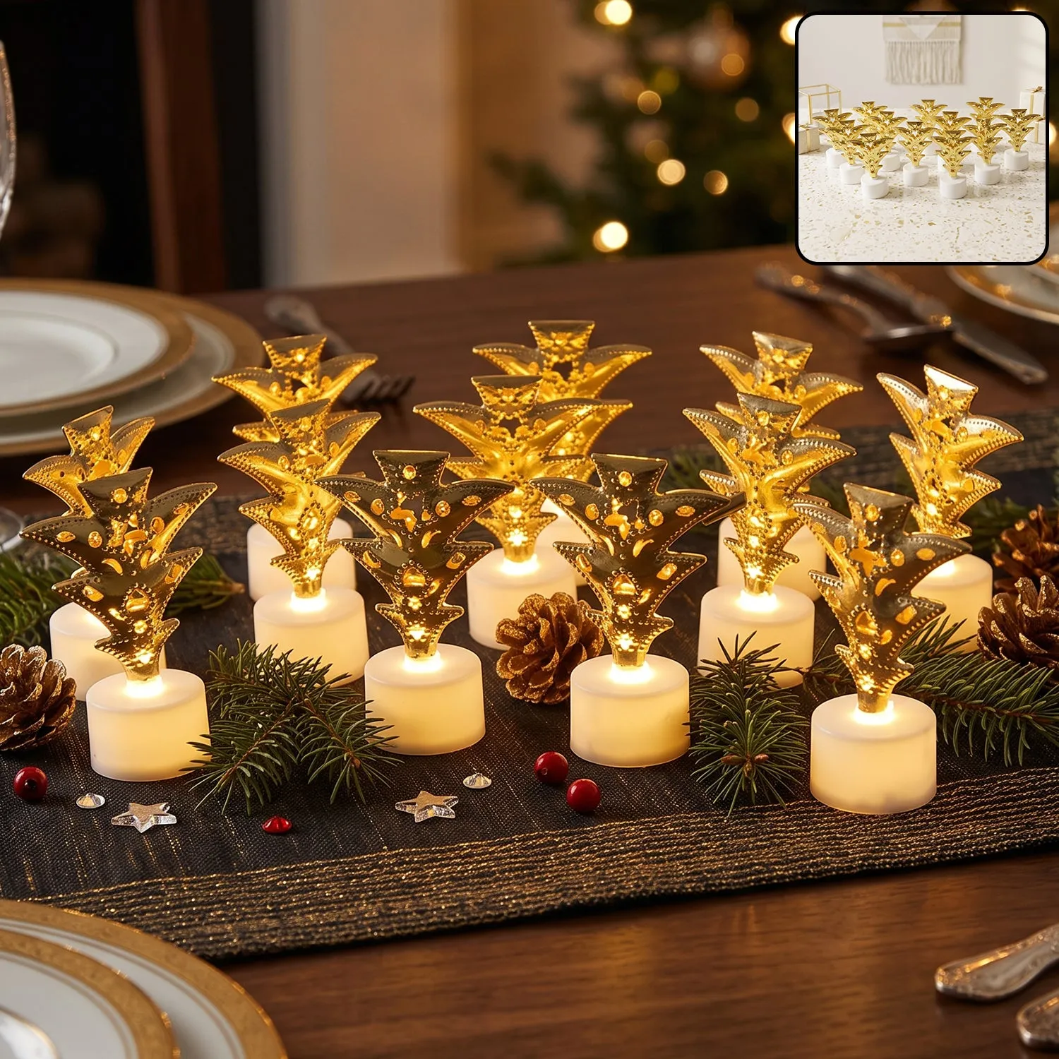 Premium Golden Christmas Tree LED Tealight Candles for Home and Festive Decor (12 Pc Set) - Buy Online at Alikart