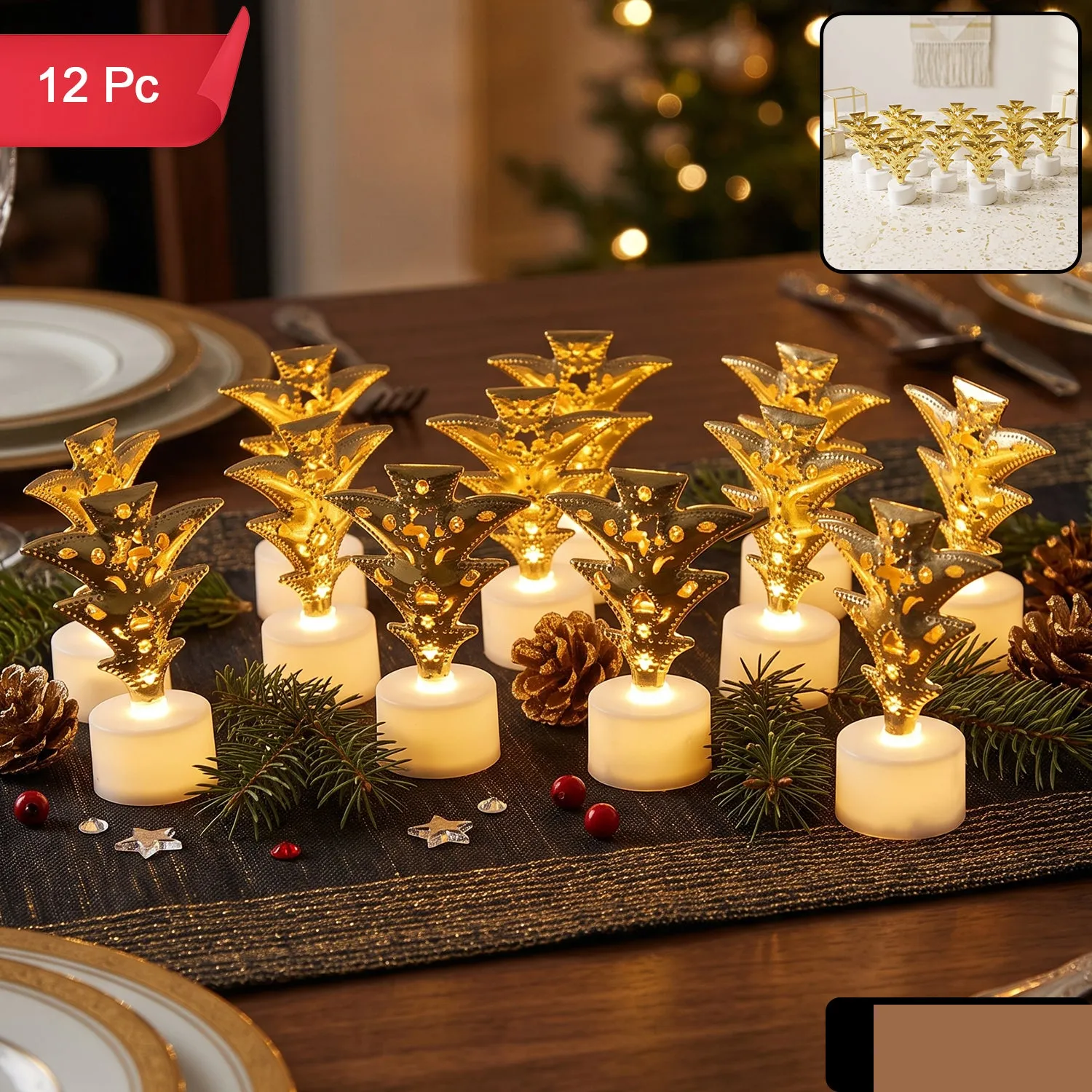 Golden Christmas Tree LED Tealight Candles for Home and Festive Decor (12 Pc Set) - Detailed Feature View 1