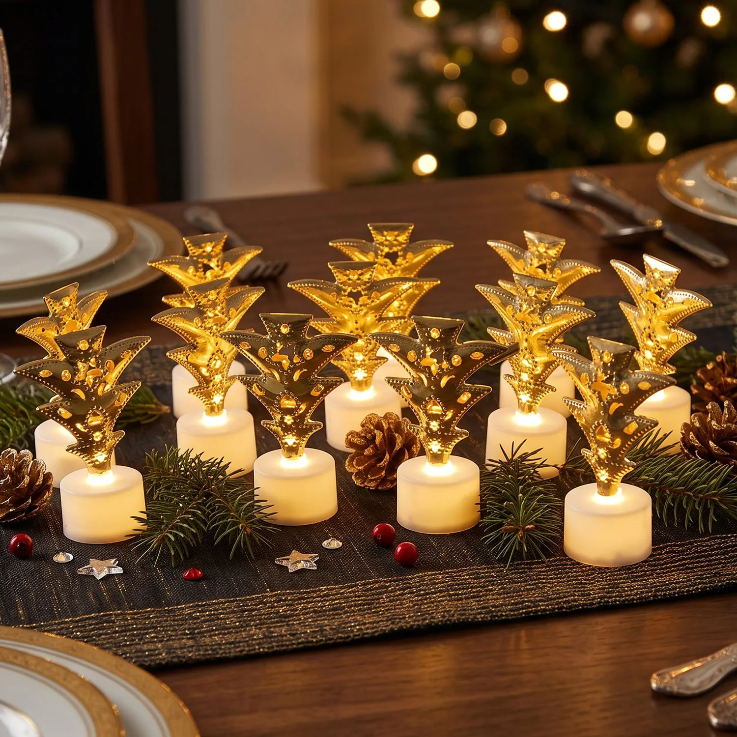 Golden Christmas Tree LED Tealight Candles for Home and Festive Decor (12 Pc Set) - Detailed Feature View 7