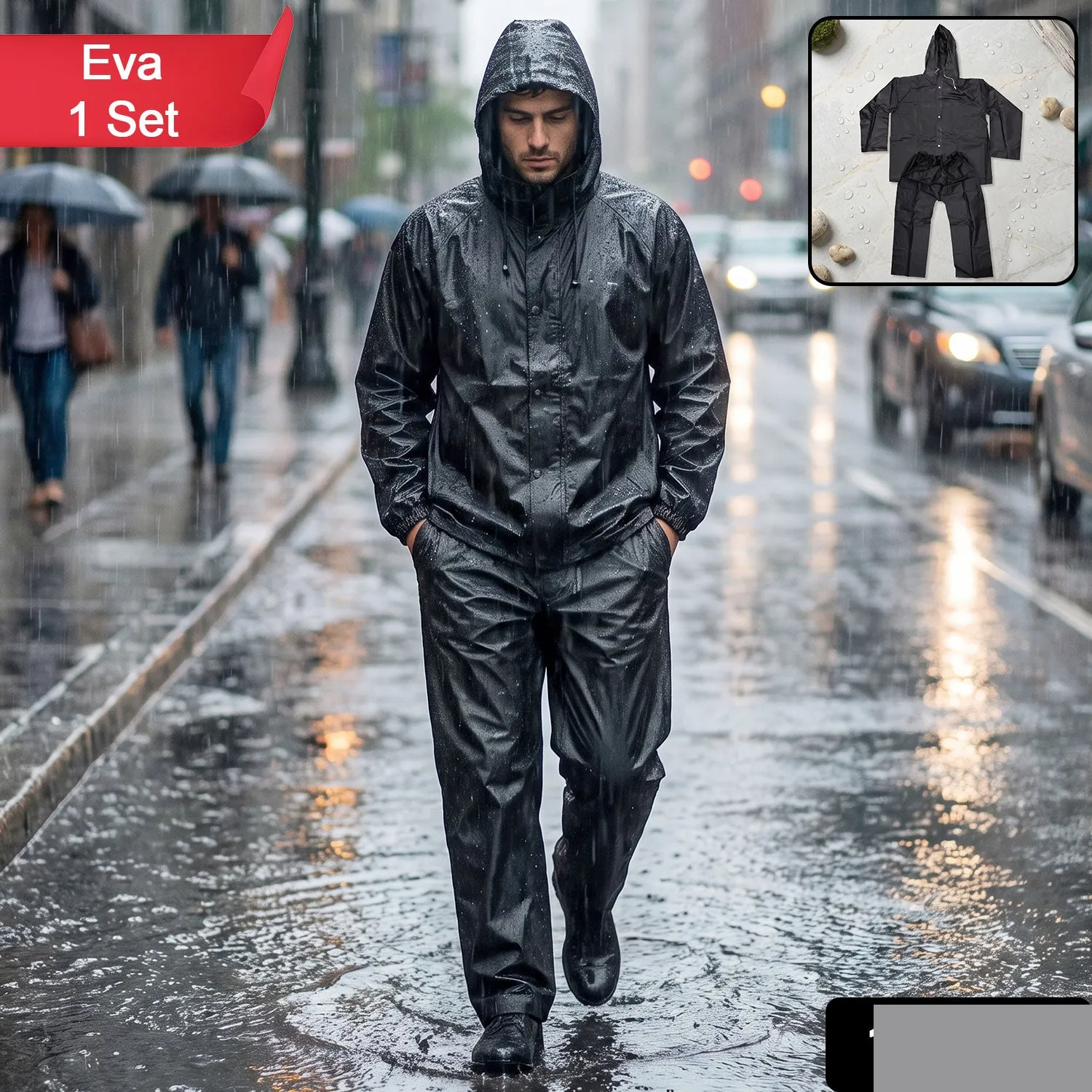 Waterproof EVA Rain Coat Set – Hooded Jacket & Pant for Monsoon - Detailed Feature View 1