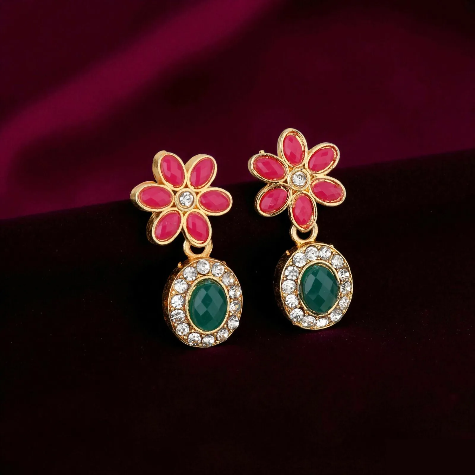 Lotus Choker Set – Gold-Toned Green-Pink Enamel Necklace - Detailed Feature View 3