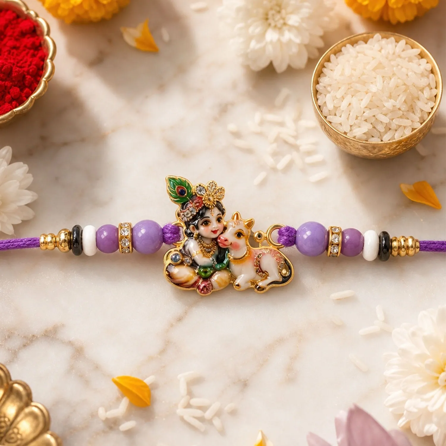 Premium Bal Krishna Rakhi – Divine Cow & Beaded Tradition for Raksha Bandhan - Buy Online at Alikart
